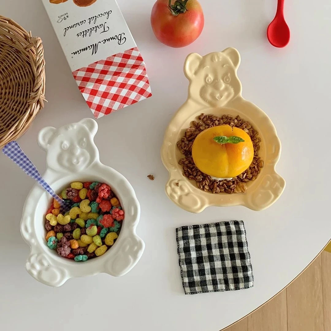 

Милая керамическая тарелка в корейском ретро-стиле с медведем, миска для завтрака, керамическая миска, винтажная тарелка для овса, йогурта, ...