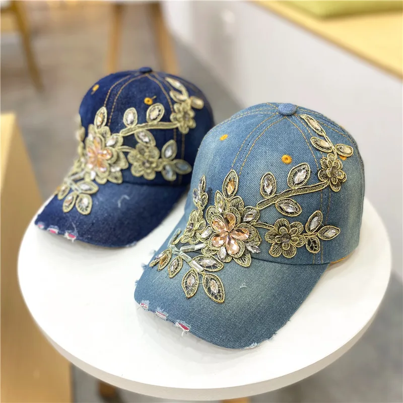 

Women's Hat Spring and Summer Days Diamond-encrusted Flower Cowboy Baseball Cap Everything Women's Cap Sun Protection Visor Hat