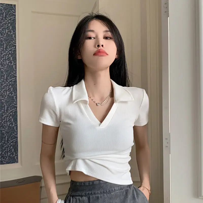 Sexy Short T-shirt Top Women's Summer Short-sleeved T-shirt Front Shoulder Polo Shirt Lapel Shirt Short Top
Sexy Short T-shirt Top Women's Summer Short-sleeved T-shirt Front Shoulder Polo Shirt Lapel Shirt Short Top