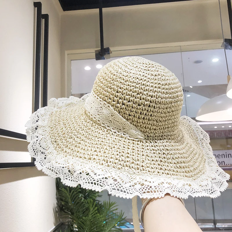 

Соломенная шляпа ручной работы для женщин, мягкая складная Панама от солнца, с широкими кружевными полями 12 см, для путешествий, пляжа, летняя