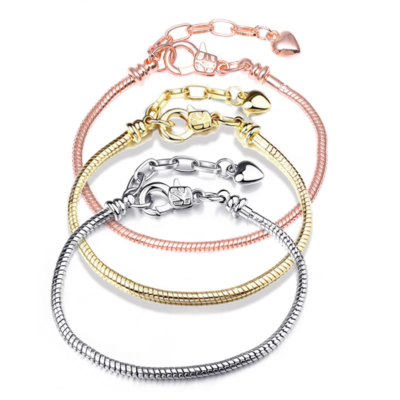 

Adjustable Lobster Clasp Charms Bracelet For Women Pan Rose Gold Silver Color Basic Snake Chain Bangles Men DIY Heart Beads Gift