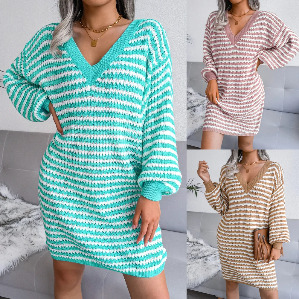 Tops For Women Autumn And Winter Striped Hollow Wool Dress Loose V-neck Knitted Skirt Women's Clothing Plus Size Sweater Dress
Tops For Women Autumn And Winter Striped Hollow Wool Dress Loose V-neck Knitted Skirt Women's Clothing Plus Size Sweater Dress