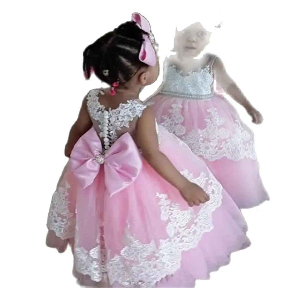 

New Arrivals Pink Lace Ball Gowns Flower Girls Pageant Dresses With Train First Communion Dresses For Weddings Vestidos deminha