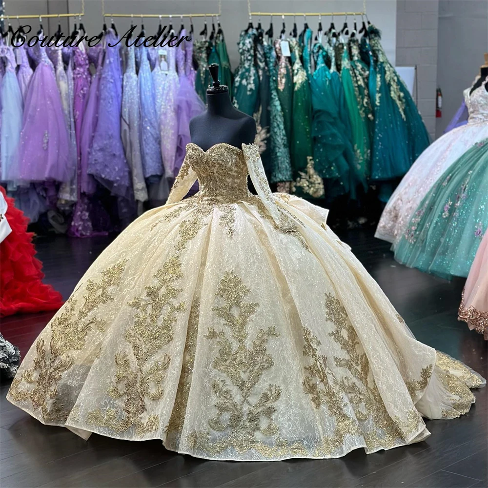 

Винтажное вечернее платье цвета шампанского, бальное платье 2023, с рукавом три четверти и шестнадцатью, милое кружевное платье с аппликацией, платья 15