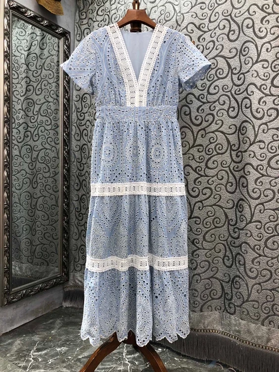 2022 new women fashion short sleeve V neck waist hollow embroidery long skirt dress 620 
2022 new women fashion short sleeve V neck waist hollow embroidery long skirt dress 620
