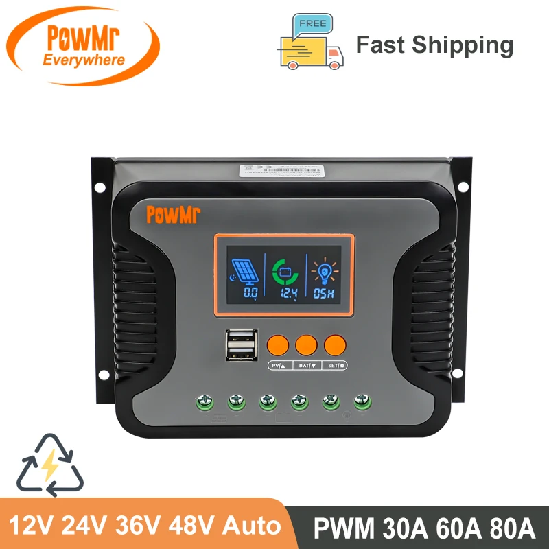 

30A 60A 80A PWM Solar Charger Controller 12V 24V 36V 48V Auto Max PV 100Vdc with Dual USB Port Backlight LCD Display Regulator