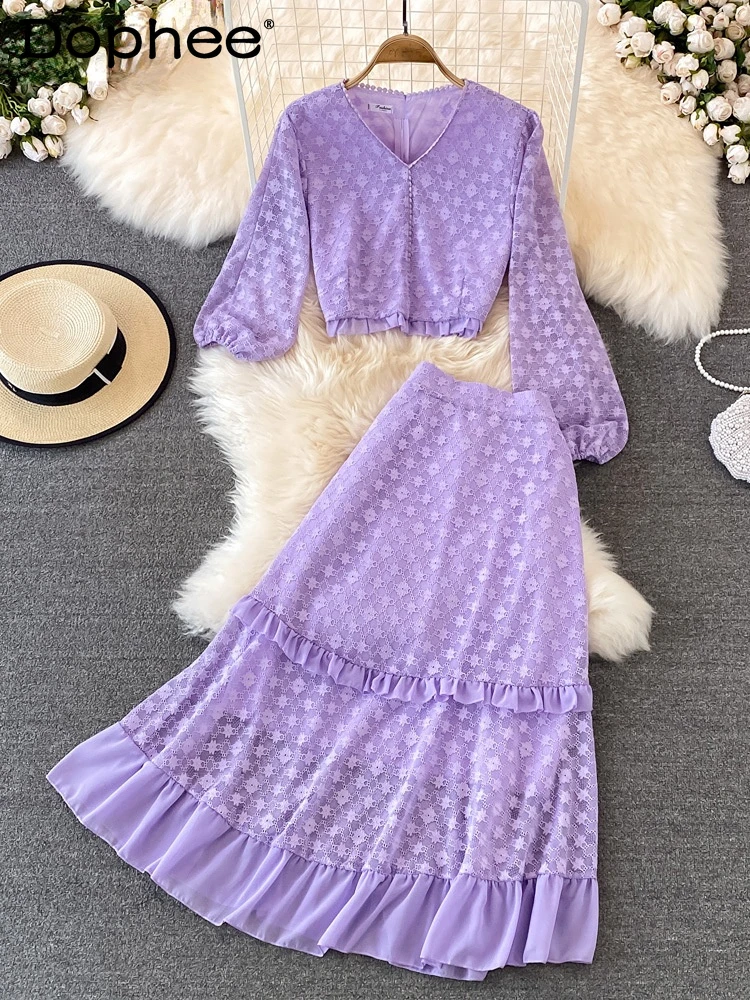 Women V-neck Long Sleeve Lace Ruffles Lady Skirt New Short Two Piece Set Temperament Fashion Spring Autumn 2022
Women V-neck Long Sleeve Lace Ruffles Lady Skirt New Short Two Piece Set Temperament Fashion Spring Autumn 2022