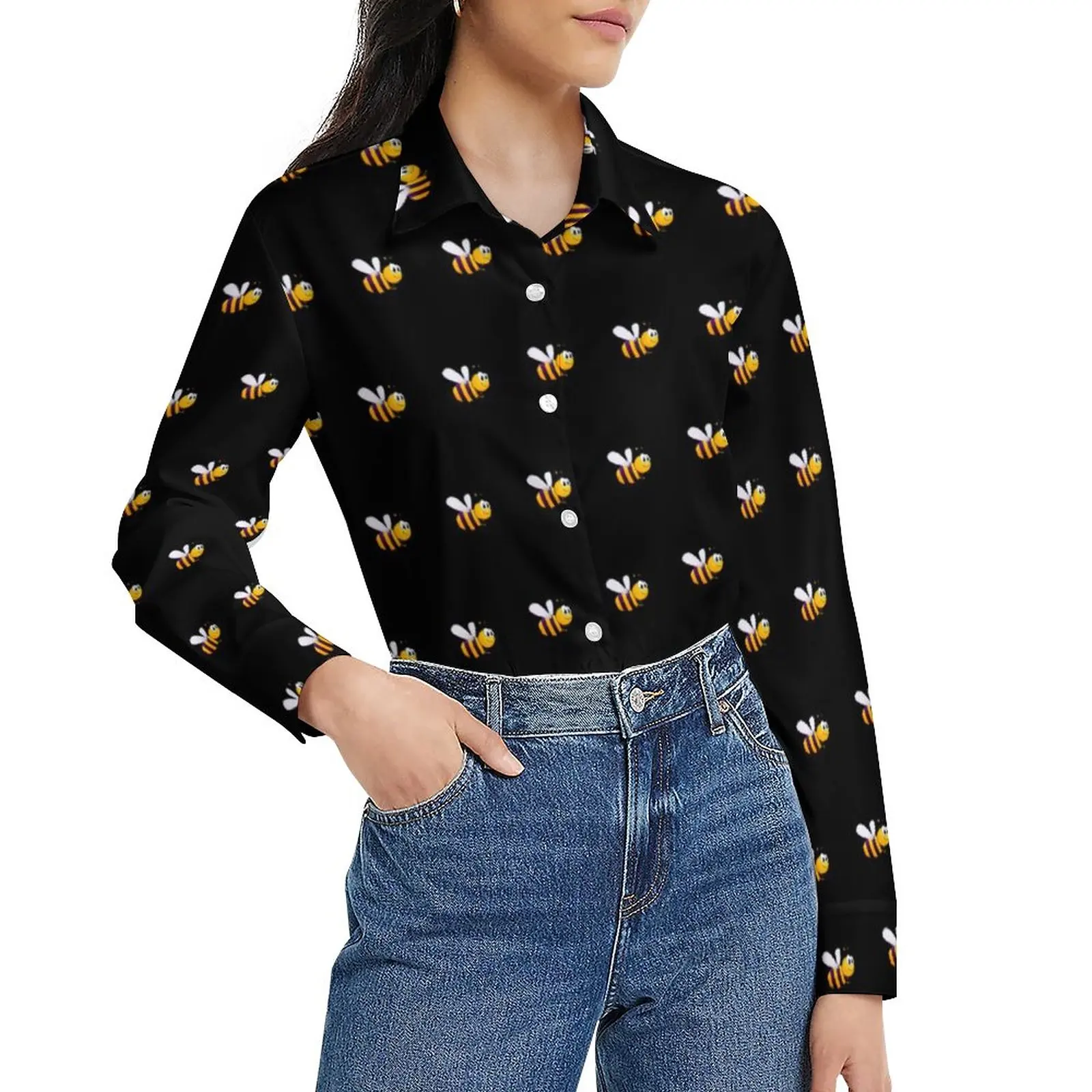 

Bumble Bees Blouse Black Funny Bee Print Aesthetic Custom Blouses Woman Street Fashion Shirt Summer Long Sleeve Oversize Top