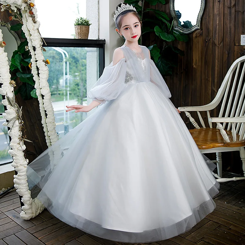 

Children Ball Gown Wedding Flower Girls Dress Round Neck Off Shoulder Tulles Princess Dress Simple Elegant Kids Piano Costume