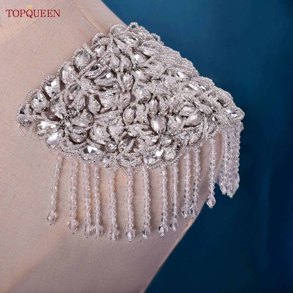 

TOPQUEEN SP62 Bead and Rhinestone Patches Epaulettes with Chain Shoulder Knot Sew Jewelry Tassel Rhinestones Clothes Accessories