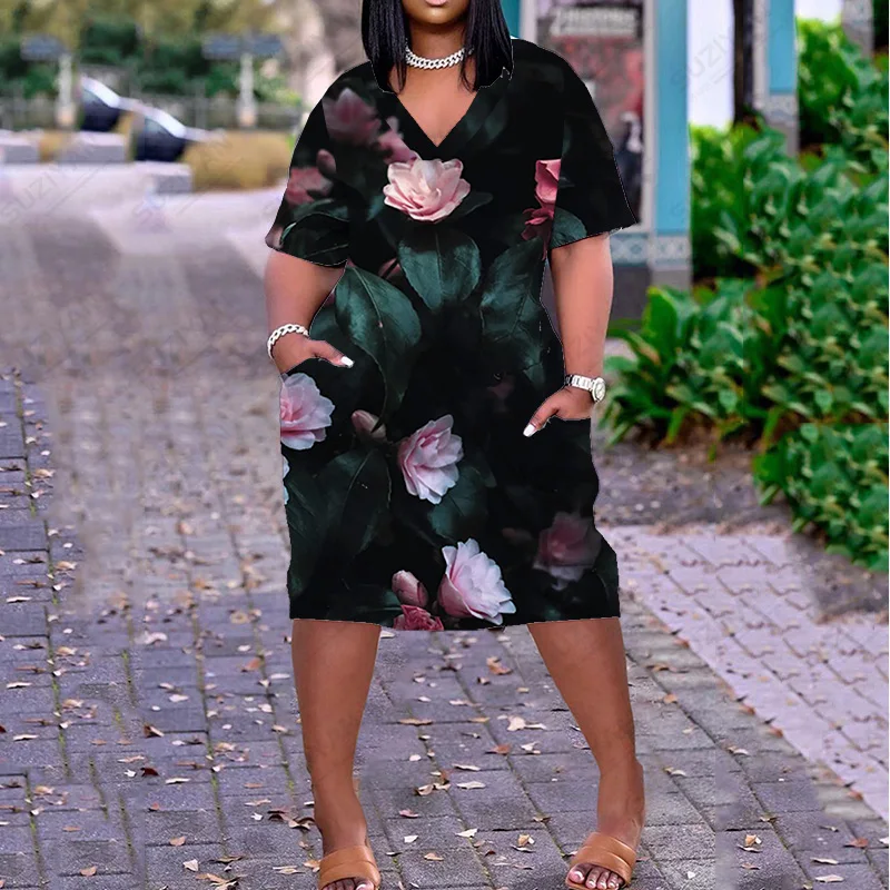 Solid Sexy Girls Plus Size Dresses Tops Elegant Women'S Dresses Dresses Women Fashion Summer Clothing V Neck And Knee Length