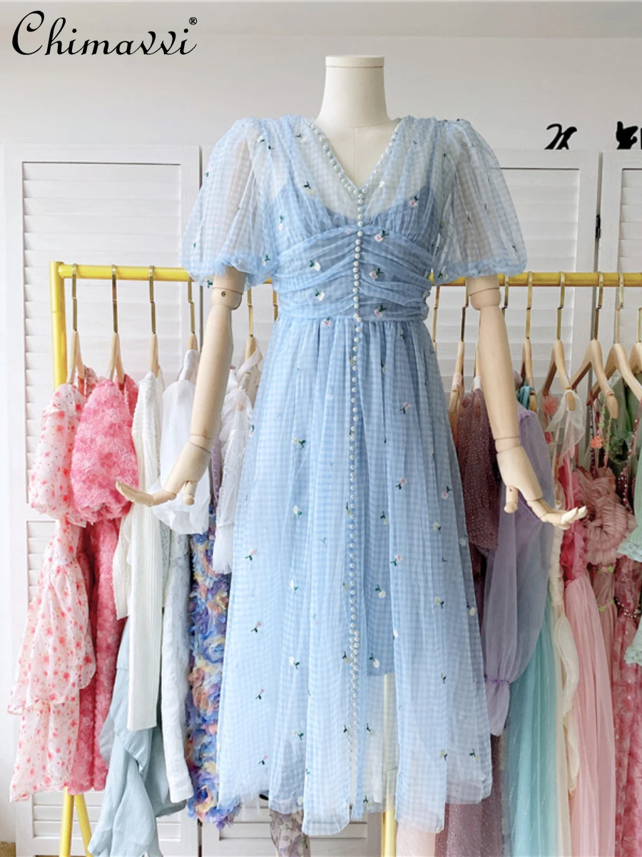 2022 New Summer Female Fashion Solid Hepburn Style Blue V-neck Mid-calf Dress Women's Korean Style Sweet Elegant Floral Dress
2022 New Summer Female Fashion Solid Hepburn Style Blue V-neck Mid-calf Dress Women's Korean Style Sweet Elegant Floral Dress