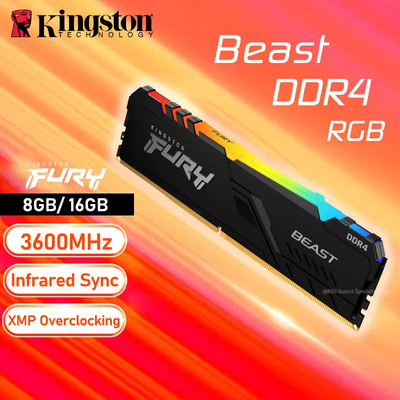 

New Kingston FURY Beast RGB Memory DDR4 8GB 16G 3600MHz PC RAM Memoria Computer Support Intel AMD Desktop CPU 1.2V DIMM 288Pin