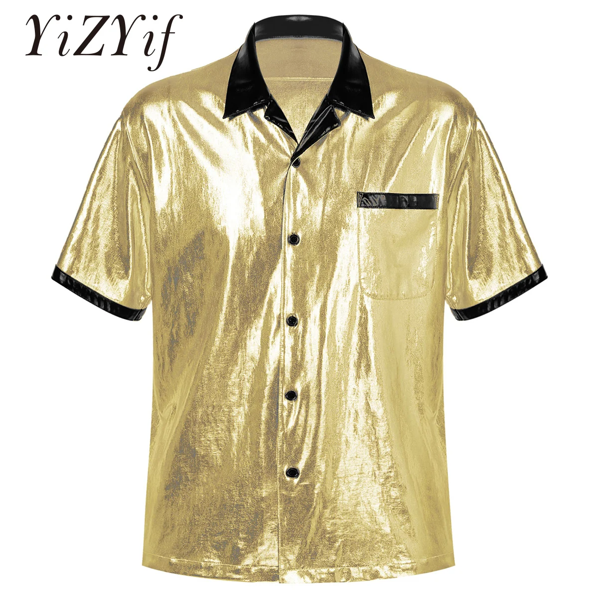 

Shiny Metallic Shirt for Mens Male Short Sleeve Shirt Nightclub Disco Party Fashion Notched Collar Button Down Shirts Tops