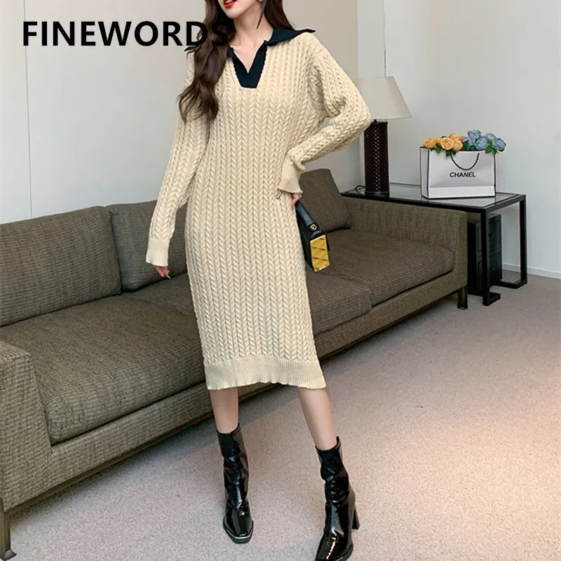 FINEWORDS Winter Twist Knitted Korean Vintage Dress Women Beige Sweater Dress Lapel Long Sleeve Casual Elegant Long Dresses
FINEWORDS Winter Twist Knitted Korean Vintage Dress Women Beige Sweater Dress Lapel Long Sleeve Casual Elegant Long Dresses