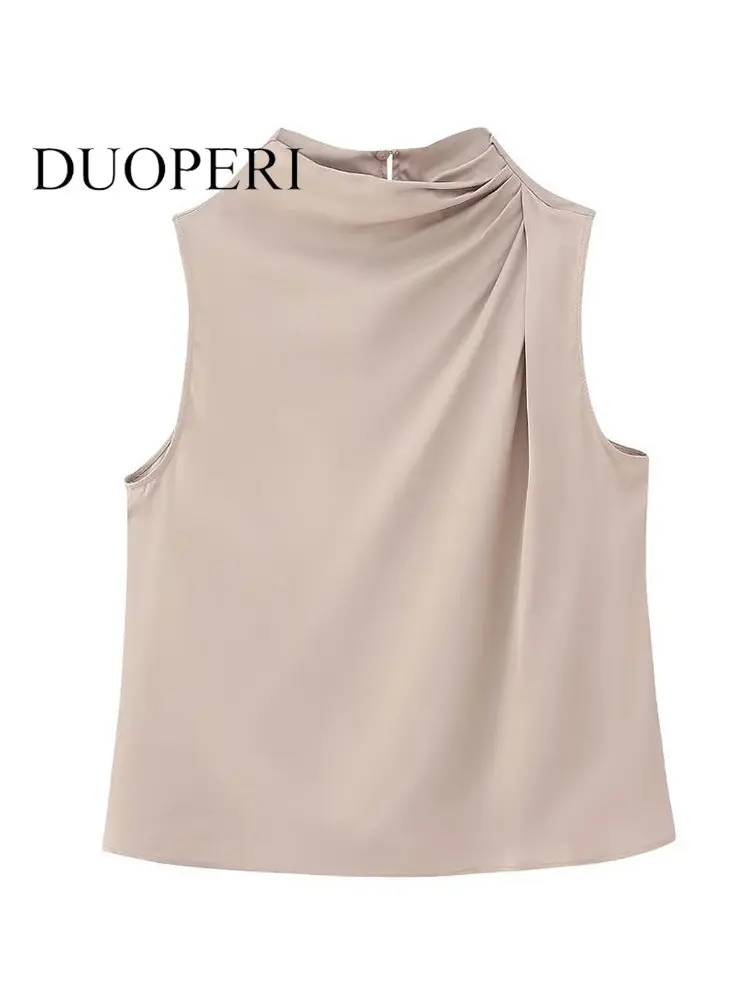 

DUOPERI Women Fashion Satin Khaki Pleated Back Hollow Out Vest Tank Tops Vintage O-Neck Sleeveless Female Chic Lady Tops