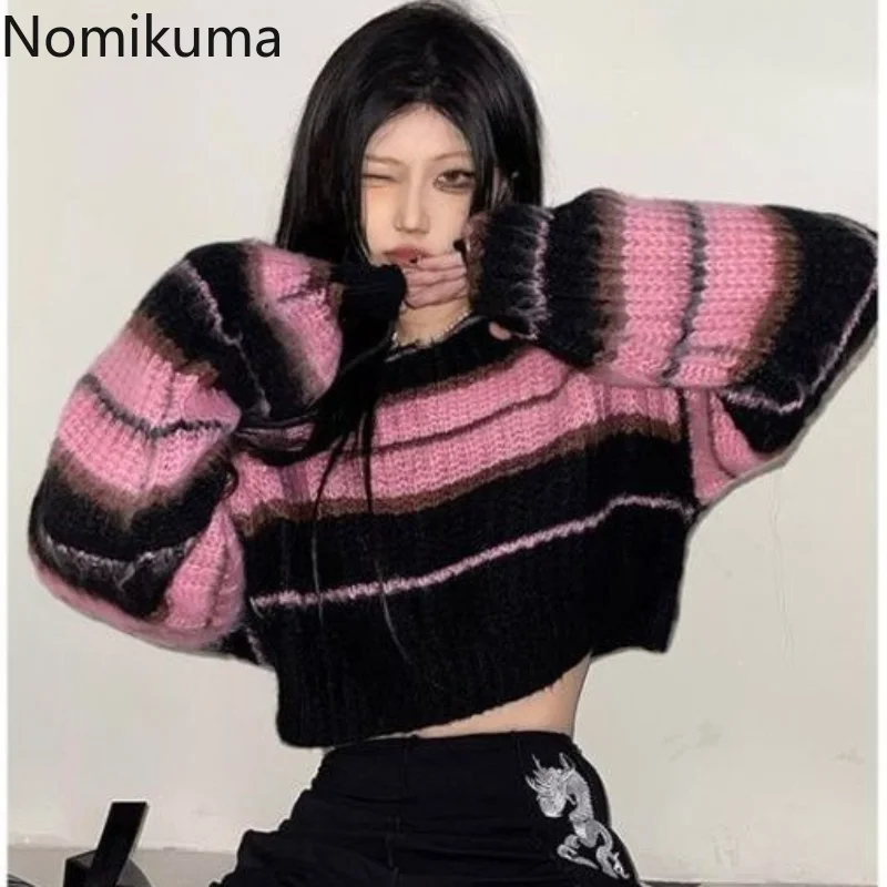 Женский трикотажный свитер Nomikuma, трикотажная одежда контрастных цветов в полоску с высокой талией в стиле Харадзюку на осень и зиму, Y2k 
Женский трикотажный свитер Nomikuma, трикотажная одежда контрастных цветов в полоску с высокой талией в стиле Харадзюку на осень и зиму, Y2k