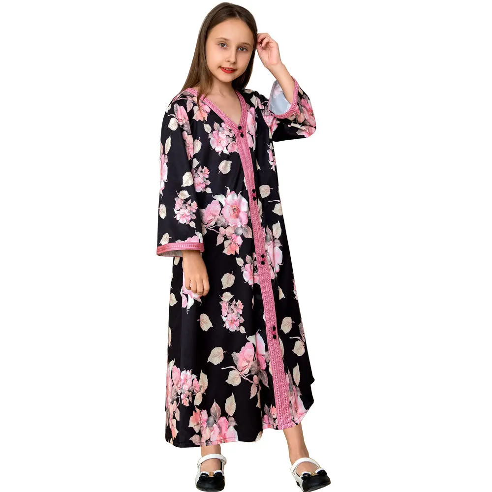 

Turkey Girls Kids Muslim Abaya Dress Islamic Clothing Dubai Floral Printed Gown Children Eid Ramadan Robe Arab Jilbab Kaftan
