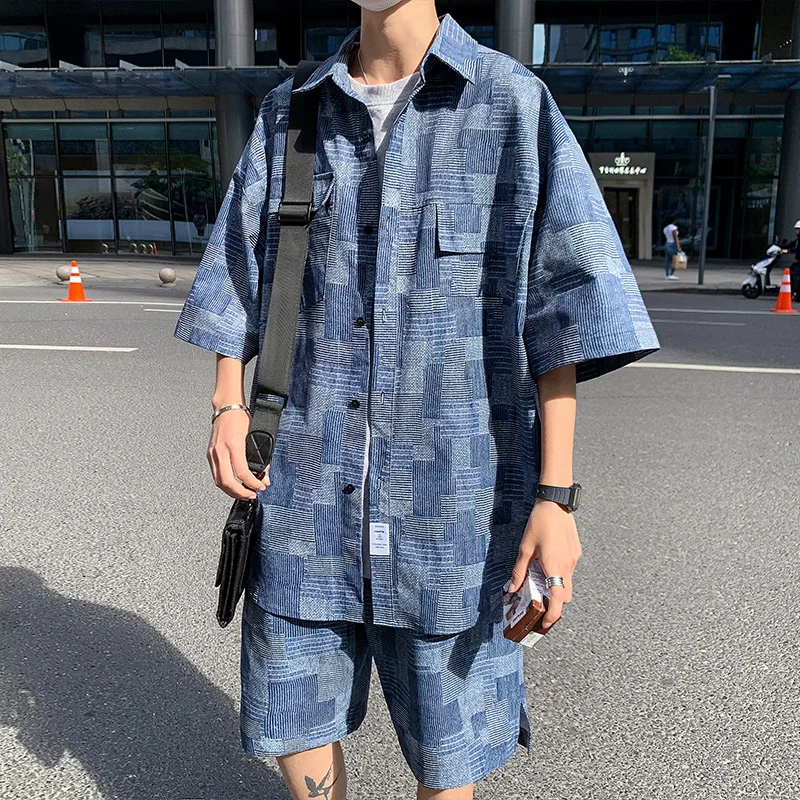 Summer Denim Sets Men Fashion Retro Short-sleeved Shirt/shorts Two-piece Men Streetwear Loose Plaid Sets Mens Short Sets M-5XL
Summer Denim Sets Men Fashion Retro Short-sleeved Shirt/shorts Two-piece Men Streetwear Loose Plaid Sets Mens Short Sets M-5XL