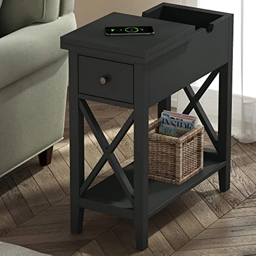 Black End Table, Flip Top Narrow Side Table for Small Spaces, Accent Nightstand Sofa Table for Living Room, Bedroom 
Black End Table, Flip Top Narrow Side Table for Small Spaces, Accent Nightstand Sofa Table for Living Room, Bedroom