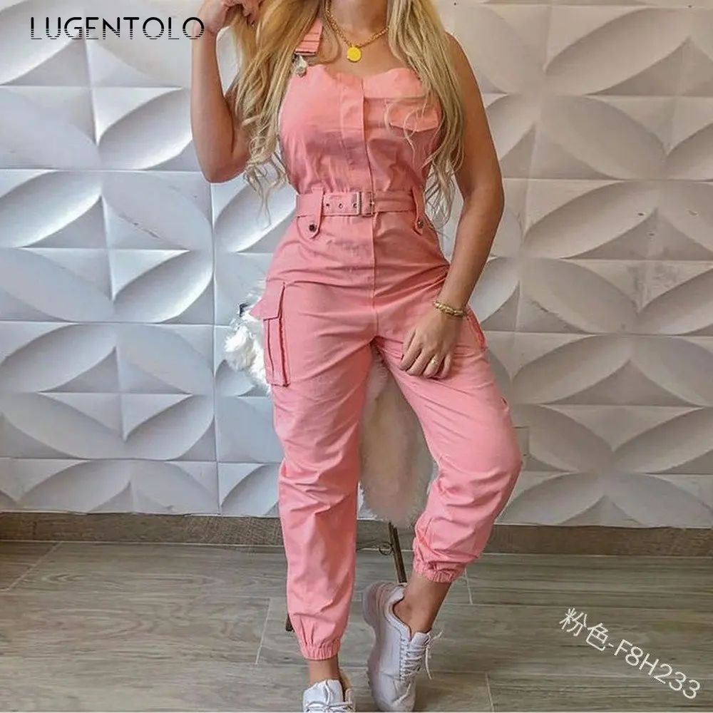 

Women Sleevess Overalls Jumpsuits Casual Solid Summer Fashion Plus Size Imple Restraint Pants with Belt