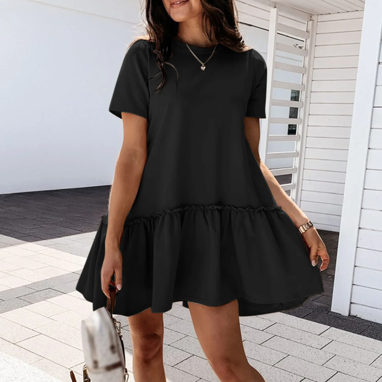 Women Summer Temperament Solid Color Loose Round Neck Ruffle Dress Loose Casual Short Sleeve Mini Dress Big Hem Beach Dress
Women Summer Temperament Solid Color Loose Round Neck Ruffle Dress Loose Casual Short Sleeve Mini Dress Big Hem Beach Dress