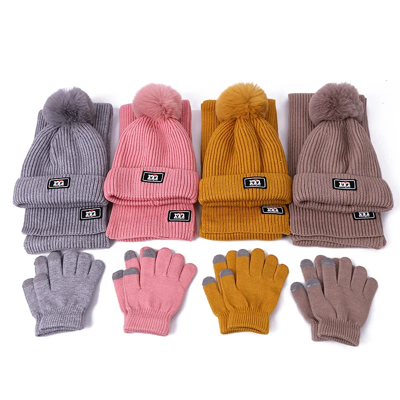 Three Piece Baby Hats Scarf Gloves Sets Double Pompom Knitted Beanie Autumn Winter Warm Children Skullies Scarf Gloves Suits 
Three Piece Baby Hats Scarf Gloves Sets Double Pompom Knitted Beanie Autumn Winter Warm Children Skullies Scarf Gloves Suits