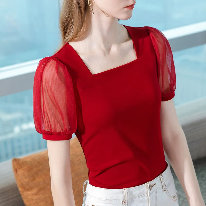 Short-sleeved T-shirt Women's Summer 2022 New Retro Square Neck Mesh Stitching Cotton T-shirt French Puff Sleeve Stretch Top
Short-sleeved T-shirt Women's Summer 2022 New Retro Square Neck Mesh Stitching Cotton T-shirt French Puff Sleeve Stretch Top