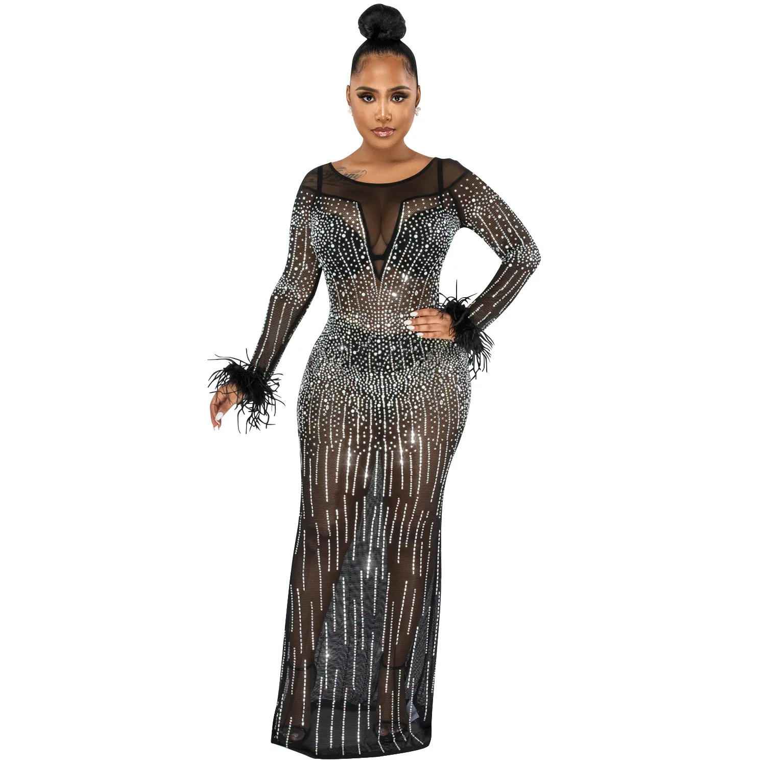 

Women Mesh See Though Diamonds Hot Drill Feather Hem Long Sleeve O-neck Bodycon Midi Maxi Long Dress for Clubwear Party