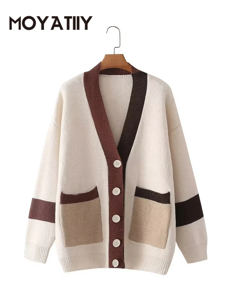 

MOYATIIY women 2022 fashion winter cardigan color block oversized sweater vintage jumper female knitted cardigans tops