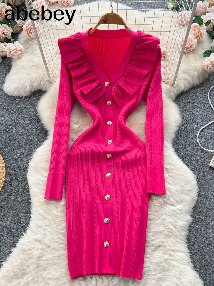 Women Ruffles Knitted Pencil Dress Korean Long Sleeve V Neck Elastic Slim Dress Autumn Winter Sexy Bodycon Warm Sweater Dress
Women Ruffles Knitted Pencil Dress Korean Long Sleeve V Neck Elastic Slim Dress Autumn Winter Sexy Bodycon Warm Sweater Dress