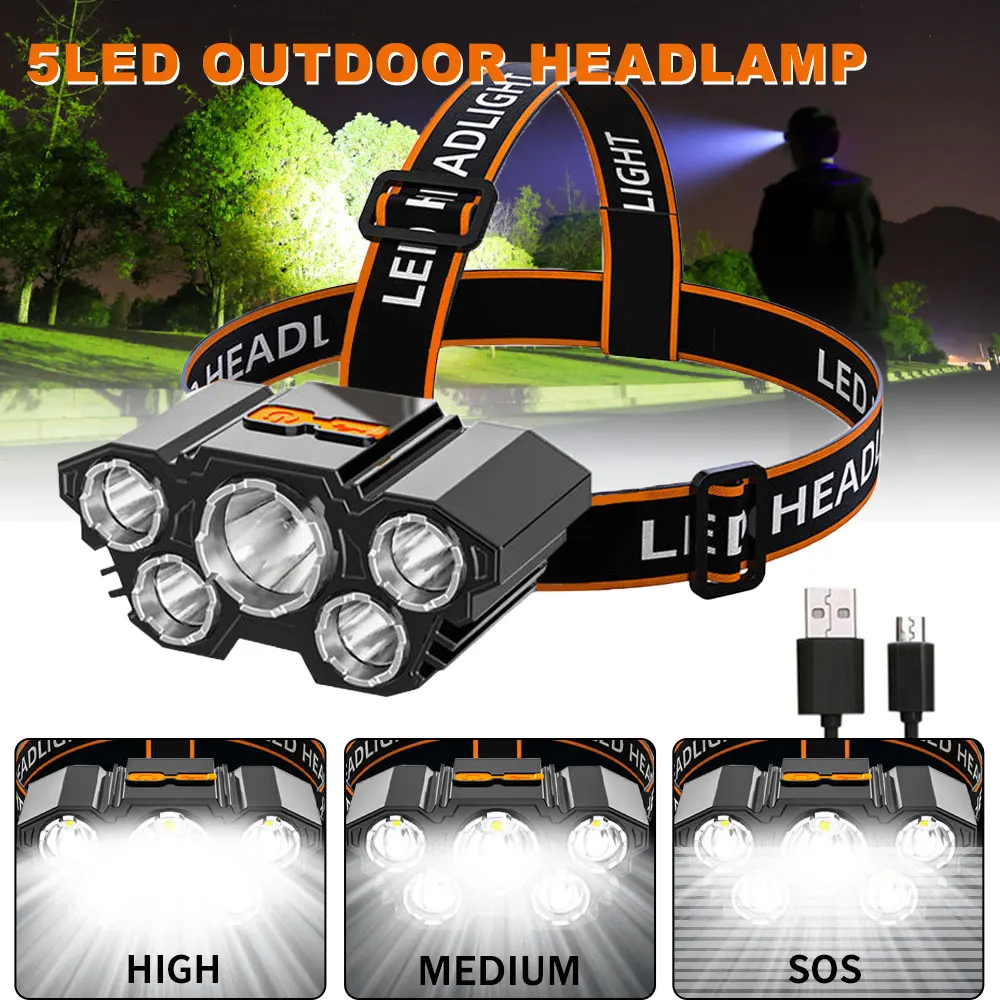 5LED Strong Light LED Headlight Head-mounted USB Charging Waterproof Headlamp Outdoor Adventure Camping Torch Night Fishing 
5LED Strong Light LED Headlight Head-mounted USB Charging Waterproof Headlamp Outdoor Adventure Camping Torch Night Fishing