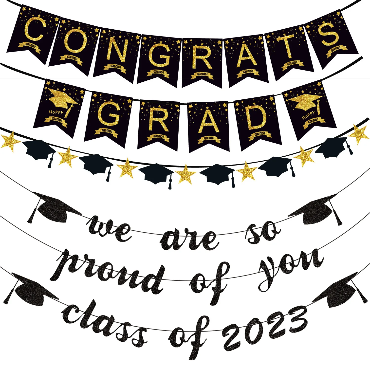 

14Pcs/set Black Graduation Banner Decoration Congrats Grad School Celebrations 2023 Pull Flag Hanging Party Supplies