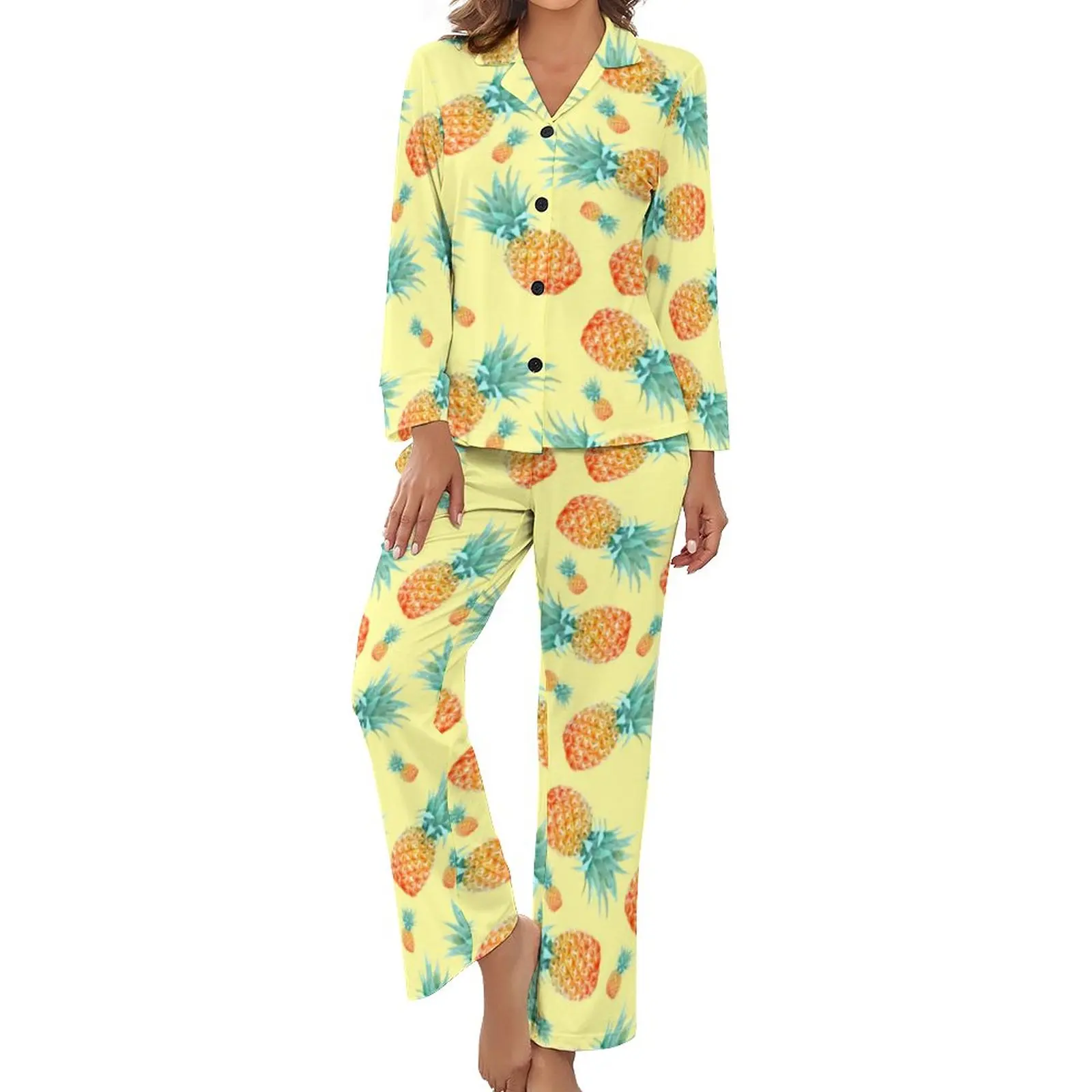 

Pineapple Pattern Pajamas Autumn 2 Pieces Tropical Fruit Kawaii Pajama Sets Lady Long-Sleeve V Neck Room Printed Sleepwear