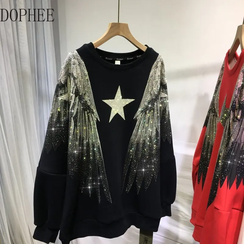 Thicken Fleece Female Sweatshirt Flashing Big Wings Hot Drilling O-neck Pullover Top Autumn Winter Mid-long Streetwear Hoodies
Thicken Fleece Female Sweatshirt Flashing Big Wings Hot Drilling O-neck Pullover Top Autumn Winter Mid-long Streetwear Hoodies