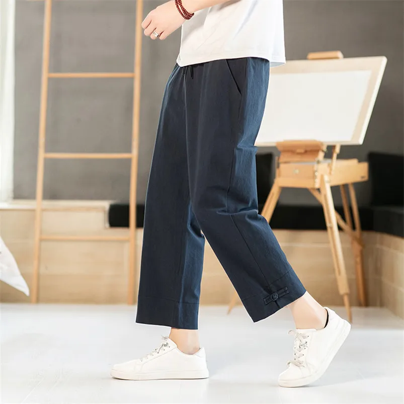 

Plus size M-8XL Men Straight Pants Casual Loose Cotton Linen Ankle-Length Trouser Chinese Baggy Pants Black Gray Khaki