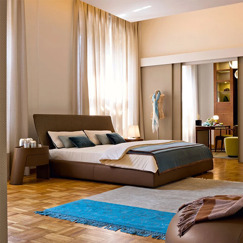 Italian style light luxury double bed, master bedroom, leather art bed, metal element with bedside table, minimalist wedding bed
Italian style light luxury double bed, master bedroom, leather art bed, metal element with bedside table, minimalist wedding bed