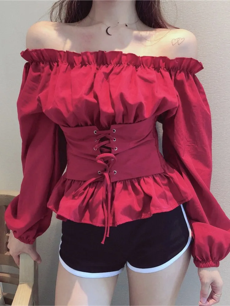 Women's Black Corset Shirt Sexy Slash Neck Strapless Tuniki Top Gothic Solid Long Sleeve Bandage Shirt Female 2021Spring/Summer
Women's Black Corset Shirt Sexy Slash Neck Strapless Tuniki Top Gothic Solid Long Sleeve Bandage Shirt Female 2021Spring/Summer