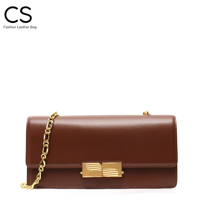 

CS Fashion Trend Women Genuine Leather Handbag Luxury Design Flap Lock Baguette Shoulder Bag Ladies Chain Cowhide Underarm Purse