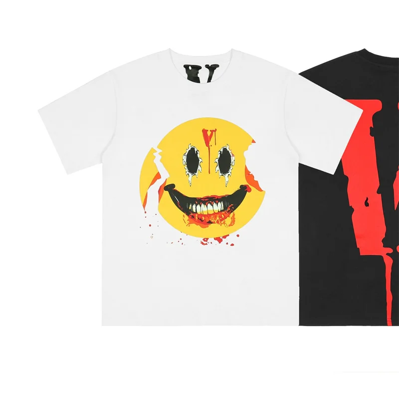 Broken yellow smiling face print bleeding big V dark wind short sleeve loose t-shirt men and women summer
Broken yellow smiling face print bleeding big V dark wind short sleeve loose t-shirt men and women summer
