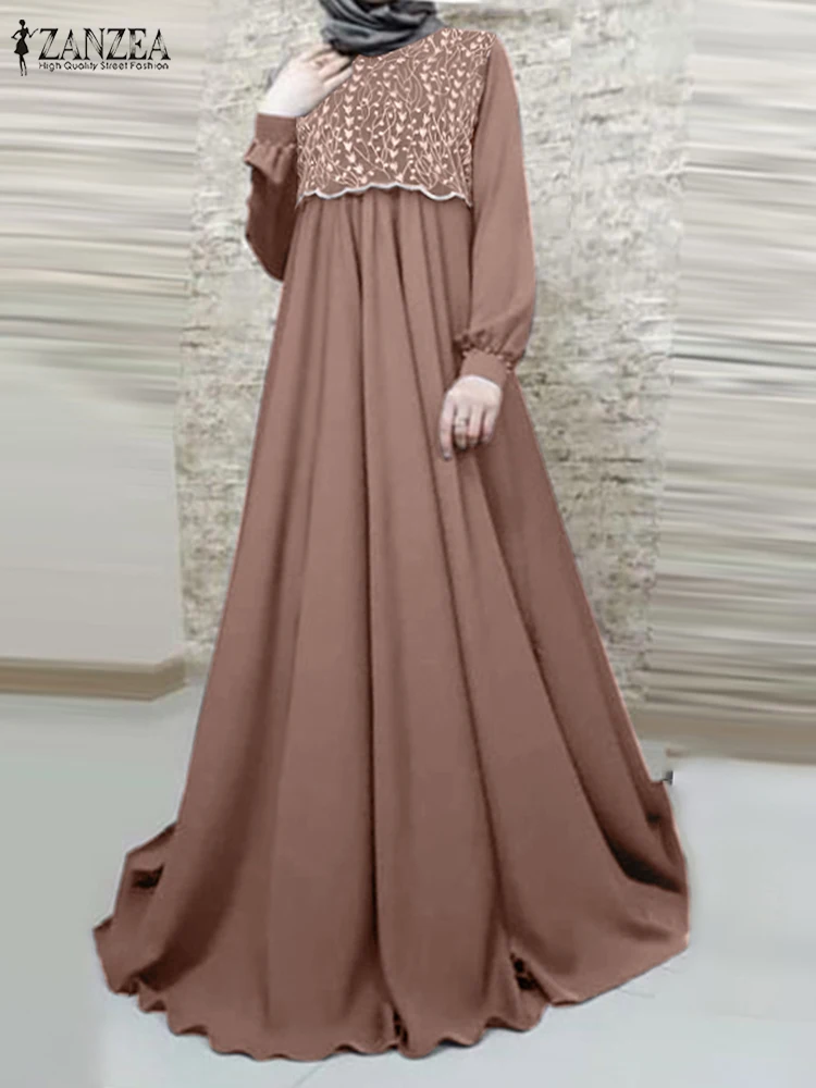 

Women Long Sleeve Lace Crochet Muslim Sundress ZANZEA Vintage Maxi Dress Ramadan Turkey Abaya Vestidos Islamic Jilbab Robe Femme
