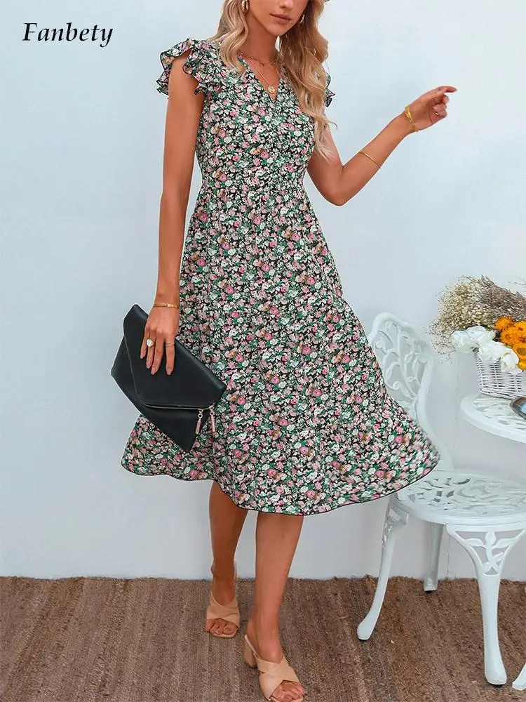 Elegant Sleeveless V-Neck Ruffle Party Dresses Women Spring Summer Casual Loose Midi Dress Female Retro Floral Print Beach Dress
Elegant Sleeveless V-Neck Ruffle Party Dresses Women Spring Summer Casual Loose Midi Dress Female Retro Floral Print Beach Dress