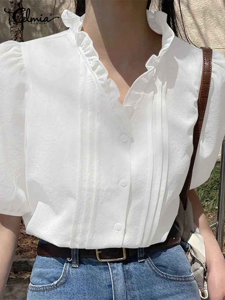 Celmia Womnen Ruffles V Neck White Shirts Short Puff Sleeve Fashion Blouses Sweet Ladies Elegant Chemise 2022 Summer Pleats Tops
Celmia Womnen Ruffles V Neck White Shirts Short Puff Sleeve Fashion Blouses Sweet Ladies Elegant Chemise 2022 Summer Pleats Tops