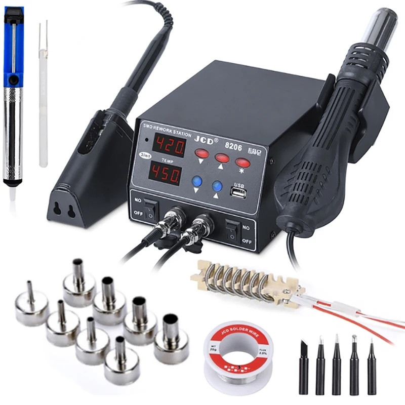 800W Soldering Rework Station LED Digital Display SMD Welding Hot Air Gun Solder Station Soldering Iron Repair Tool Kit 8206
800W Soldering Rework Station LED Digital Display SMD Welding Hot Air Gun Solder Station Soldering Iron Repair Tool Kit 8206