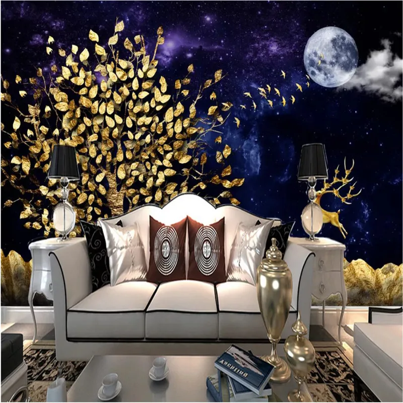 

Fantasy 3d three-dimensional gold leaf forest elk bedroom decoration wallpaper starry sky living room background mural wallpaper