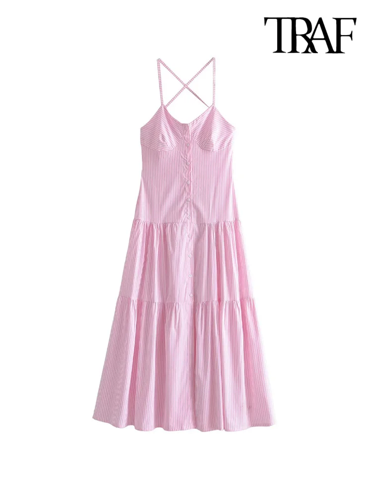TRAF Women Fashion Front Buttons Striped Midi Dress Vintage Backless Tied Thin Straps Female Dresses Vestidos Mujer
TRAF Women Fashion Front Buttons Striped Midi Dress Vintage Backless Tied Thin Straps Female Dresses Vestidos Mujer