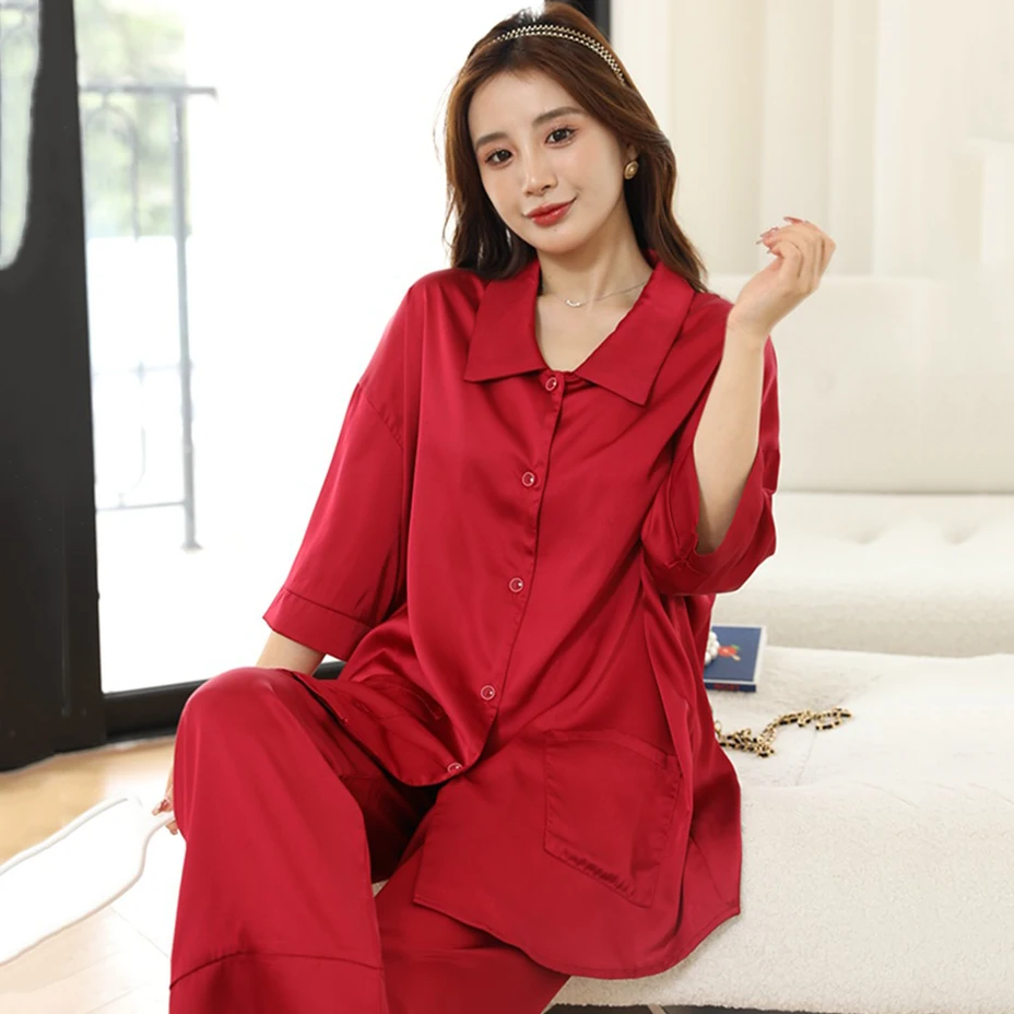 

Nightwear Casual Pajamas Suit Women Half Sleeve Satin Back Lace 2PCS Sleep Set Perspective Pyjamas Sexy Home Clothing
