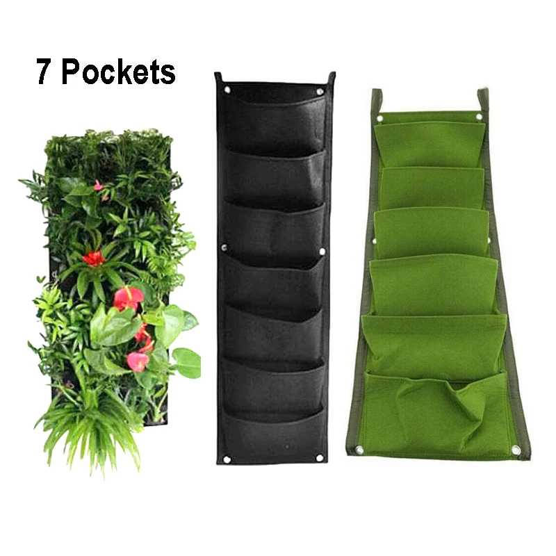 

7 Pockets Plant Grow Bags Growing Pots Vertical Garden Wall Hanging Vegetable Flower Planter Growth Fabric Bags Green Black D1