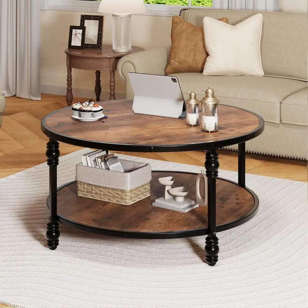 

2-Tier Round Coffee Table for Living Room Rustic Center Table with Storage Shelf Wood Circle Table with Sturdy Metal Frame