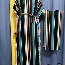 Abayas For Women 2023 Printed Vertical Stripe Tassels Elasticity Loose Fit Femme Robe African Woman Dresses With Belt Headscarf